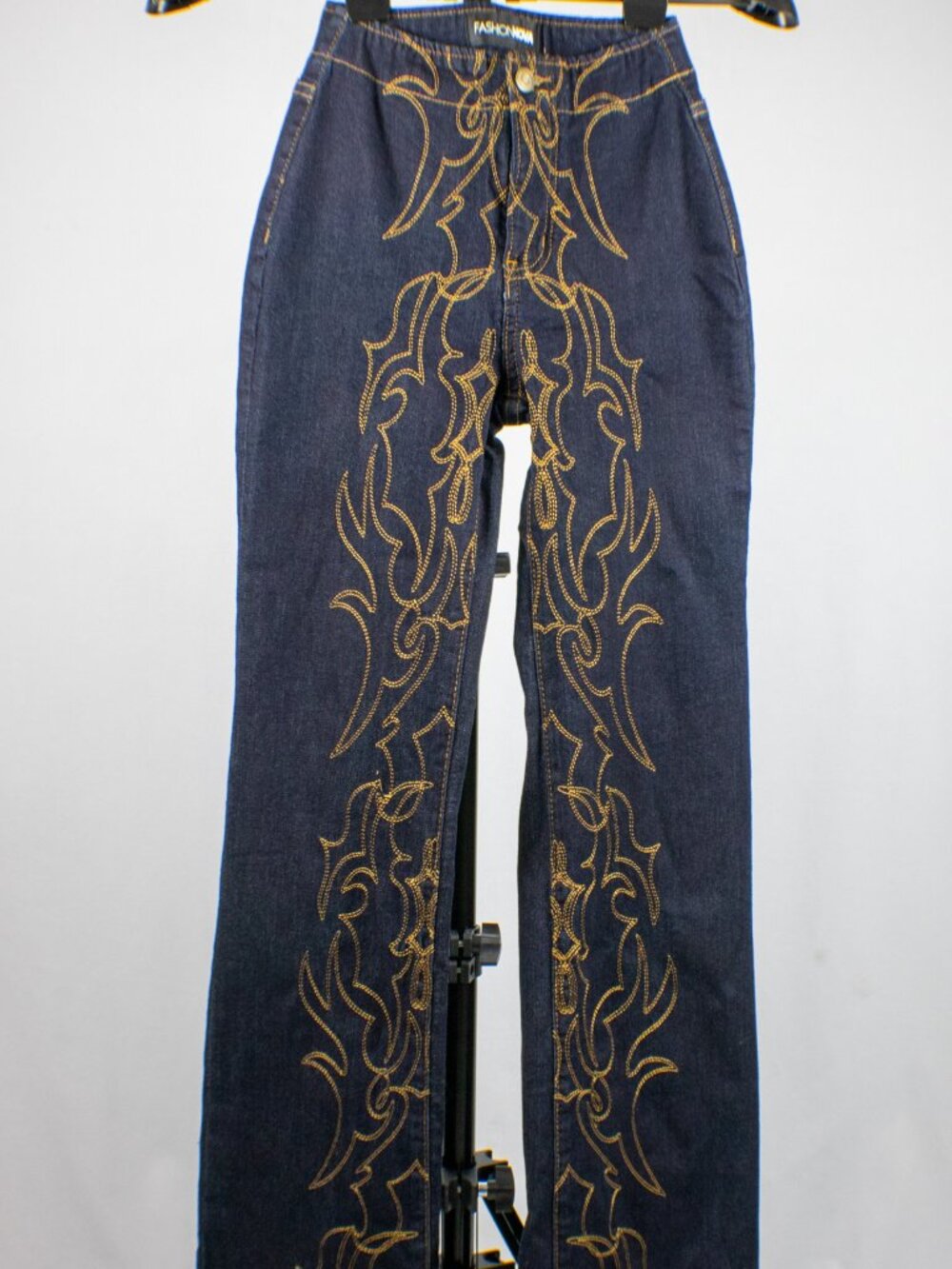 Fashion Nova Take The Reigns Embroidered Wide Leg Jeans Dark Wash Size 0